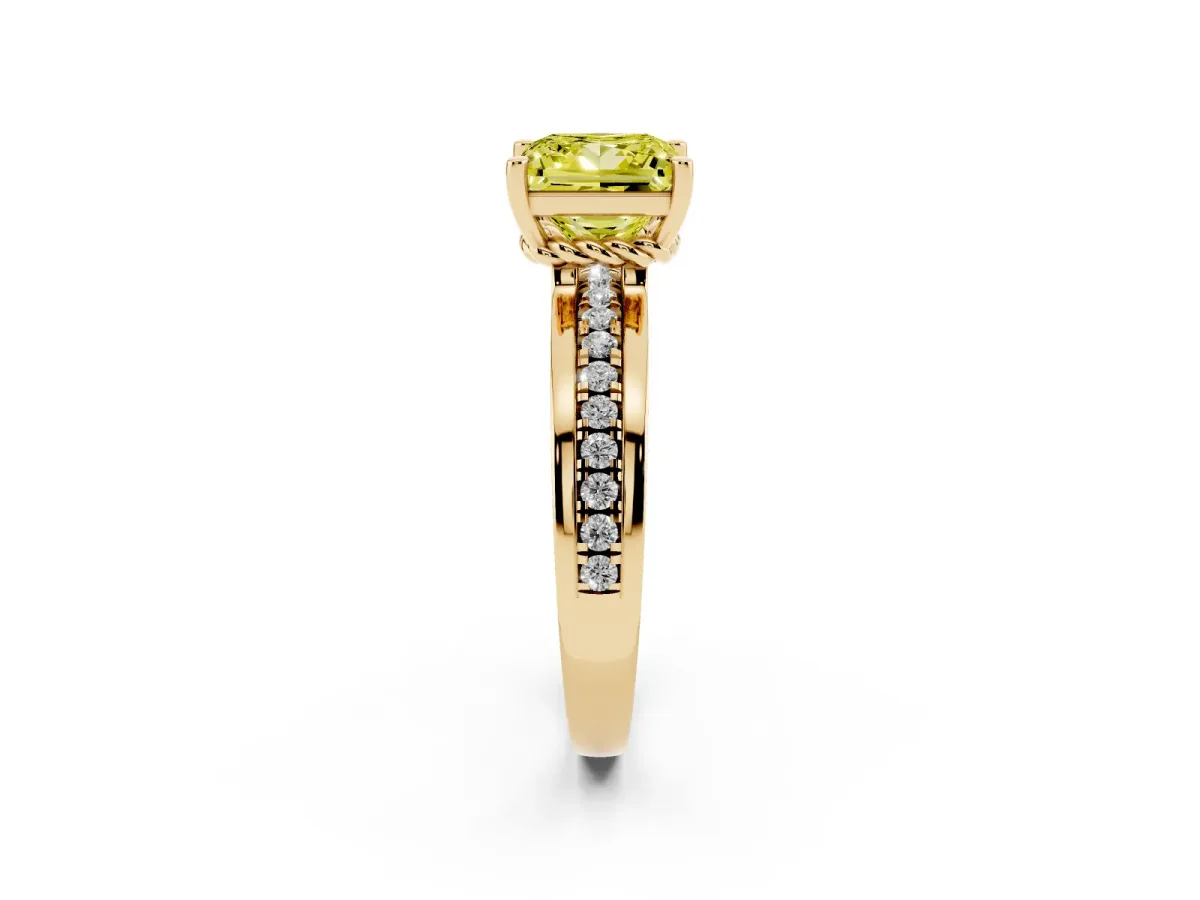 Fancy Yellow Princess Cut Solitaire Diamond Ring with Channel Set Band and Six-Prong Setting Yellow gold