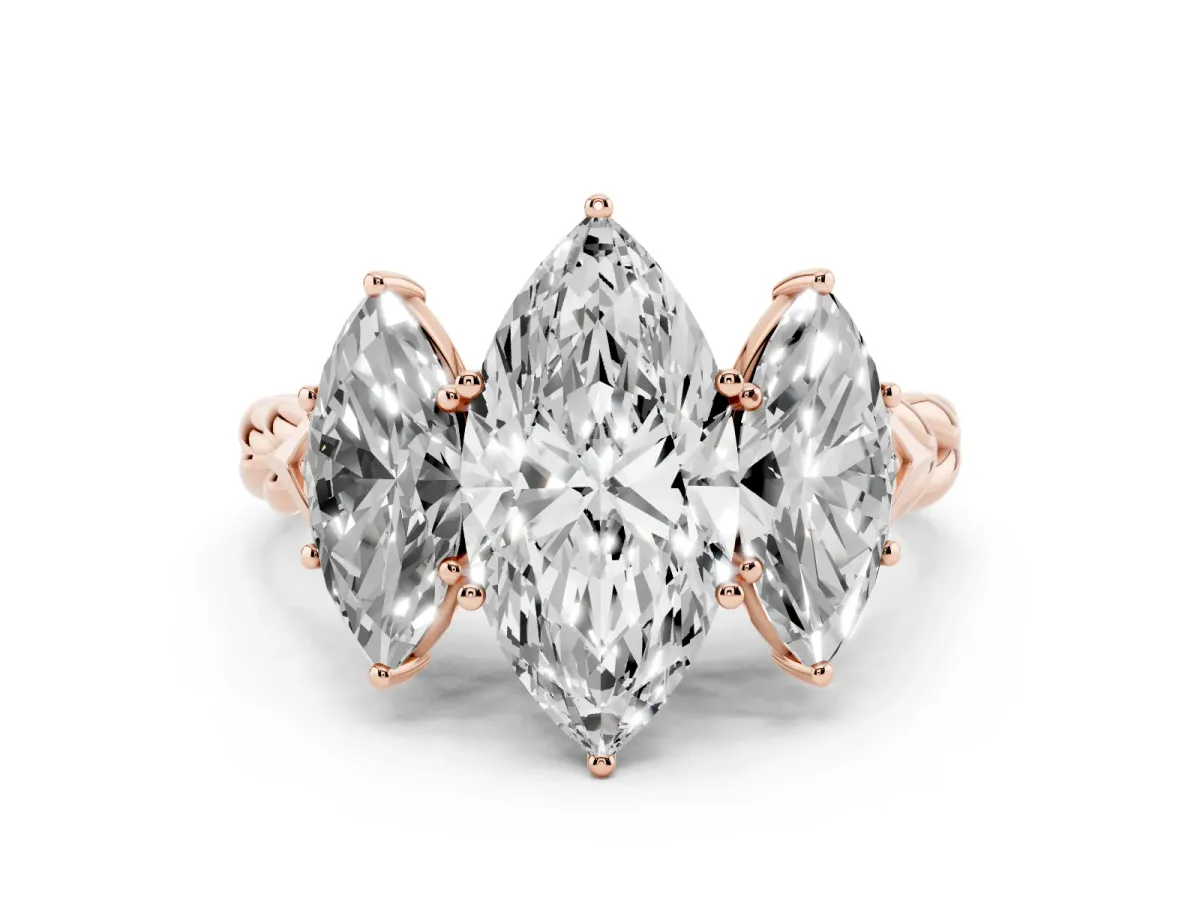 Three-Stone Marquise Cut Diamond Braided Band Ring with Four-Prong Setting Rose gold