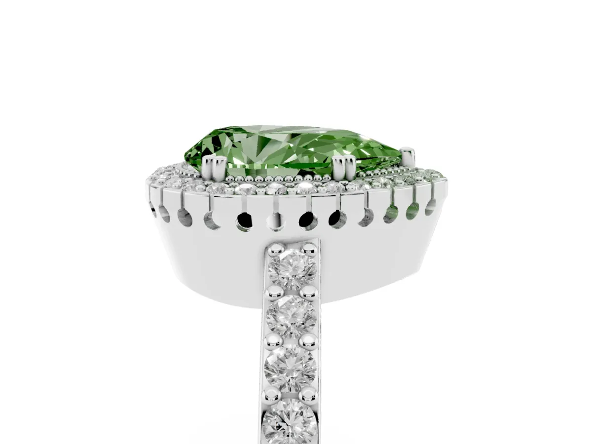 Fancy Green Pear Cut Cut Diamond Halo Engagement Ring with Milgrain Detail and Pavé Band Silver