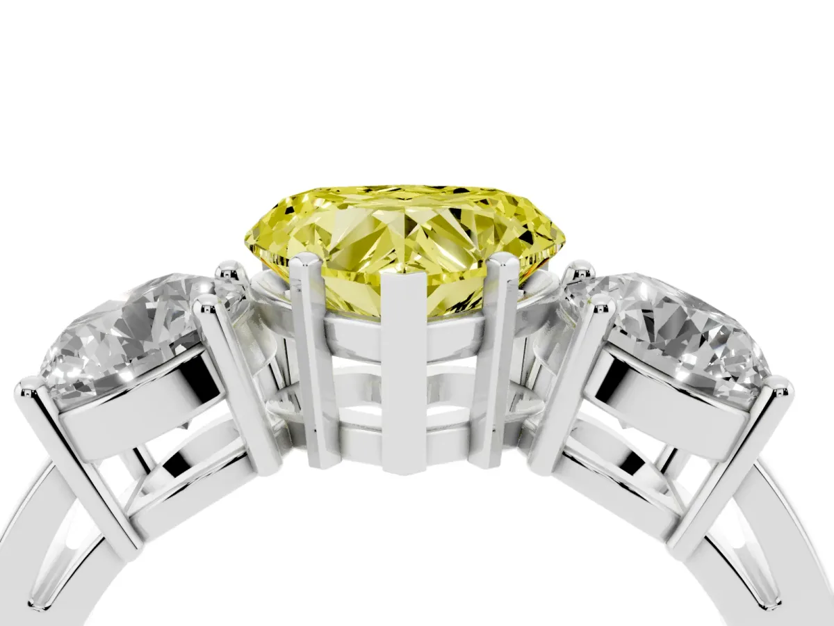 Fancy Yellow Three-Stone Heart Cut Diamond Ring with Round Side Stones, Classic Band, and Four-Prong Setting White gold