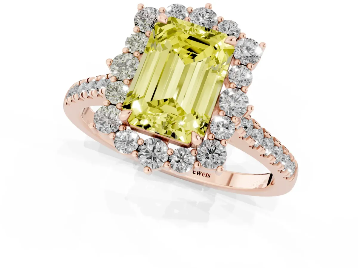 Fancy Yellow Emerald Cut Halo Diamond Ring with Pavé Band and Prong Setting Rose gold