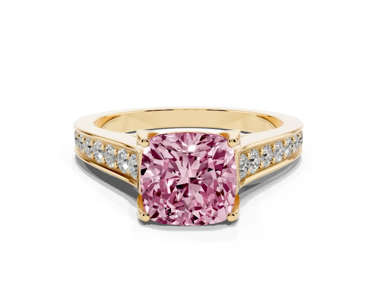 Fancy Pink Cushion Cut Brilliant Cut Diamond Engagement Ring with Pavé Band and Four-Prong Setting Yellow gold