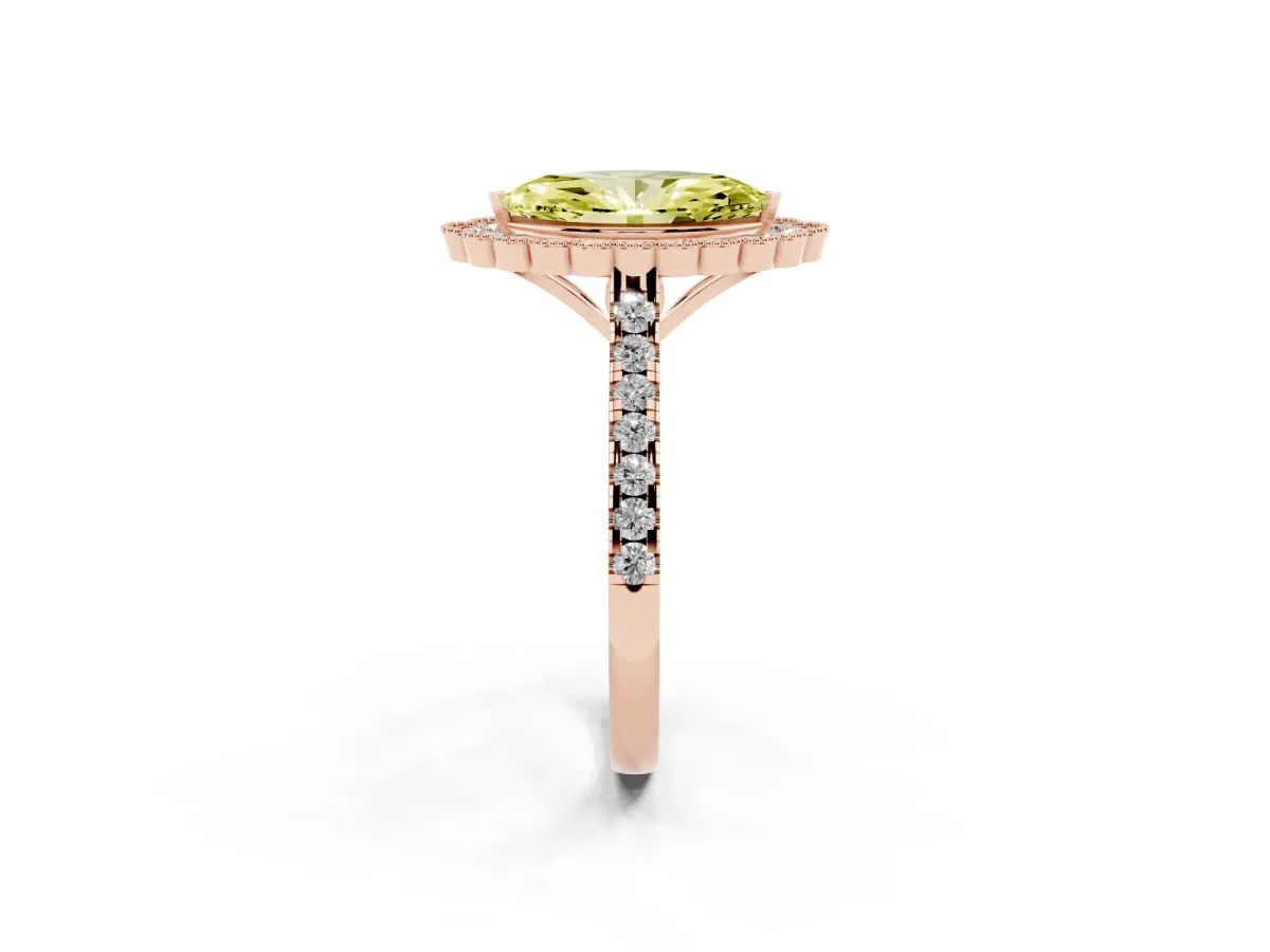 Fancy Yellow Marquise Cut Cut Diamond Milgrain Floral Halo Engagement Ring with Pavé Band Rose gold