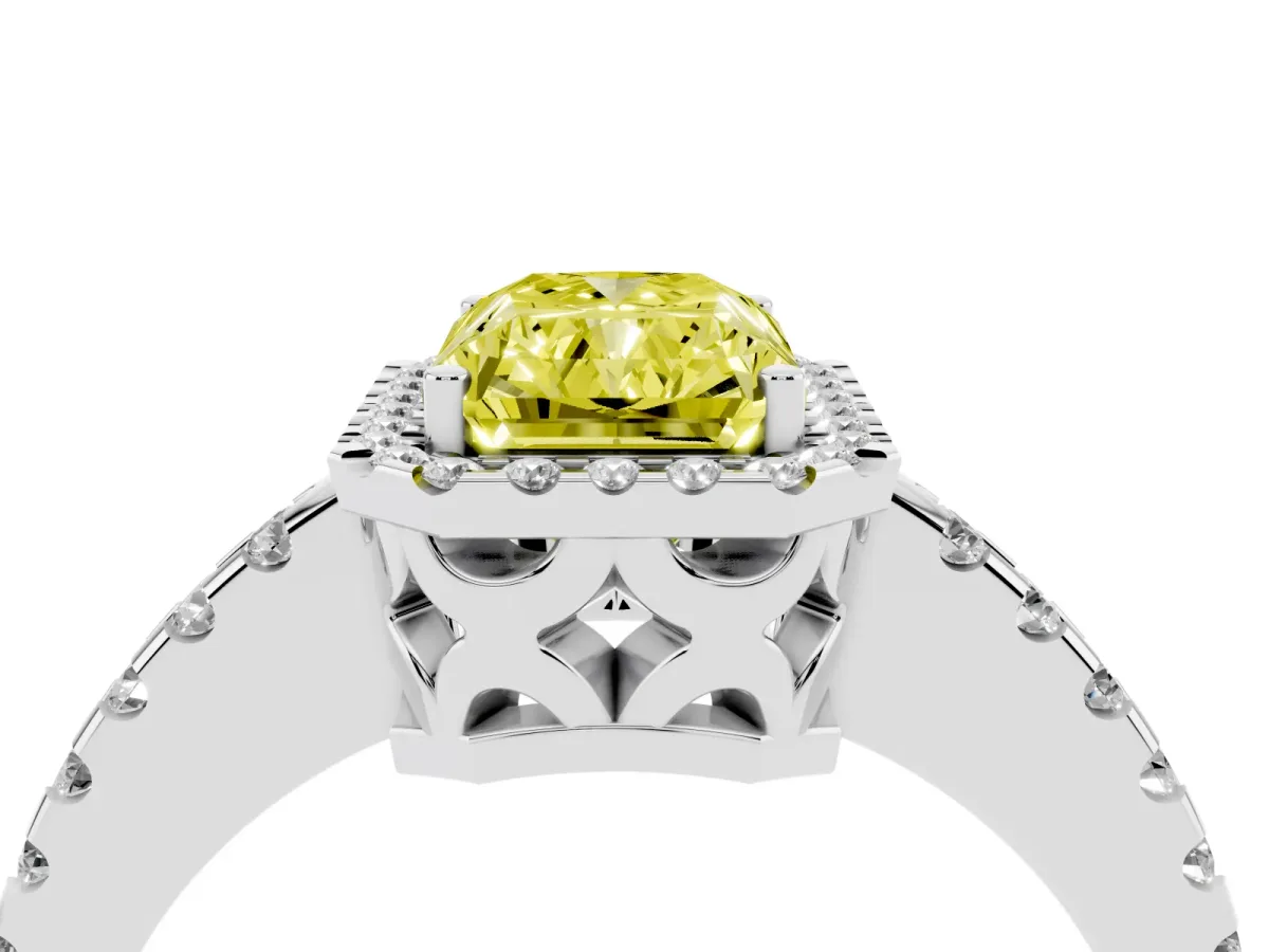 Fancy Yellow Radiant Cut Diamond Halo Engagement Ring with Pavé Band and Prong Setting Silver