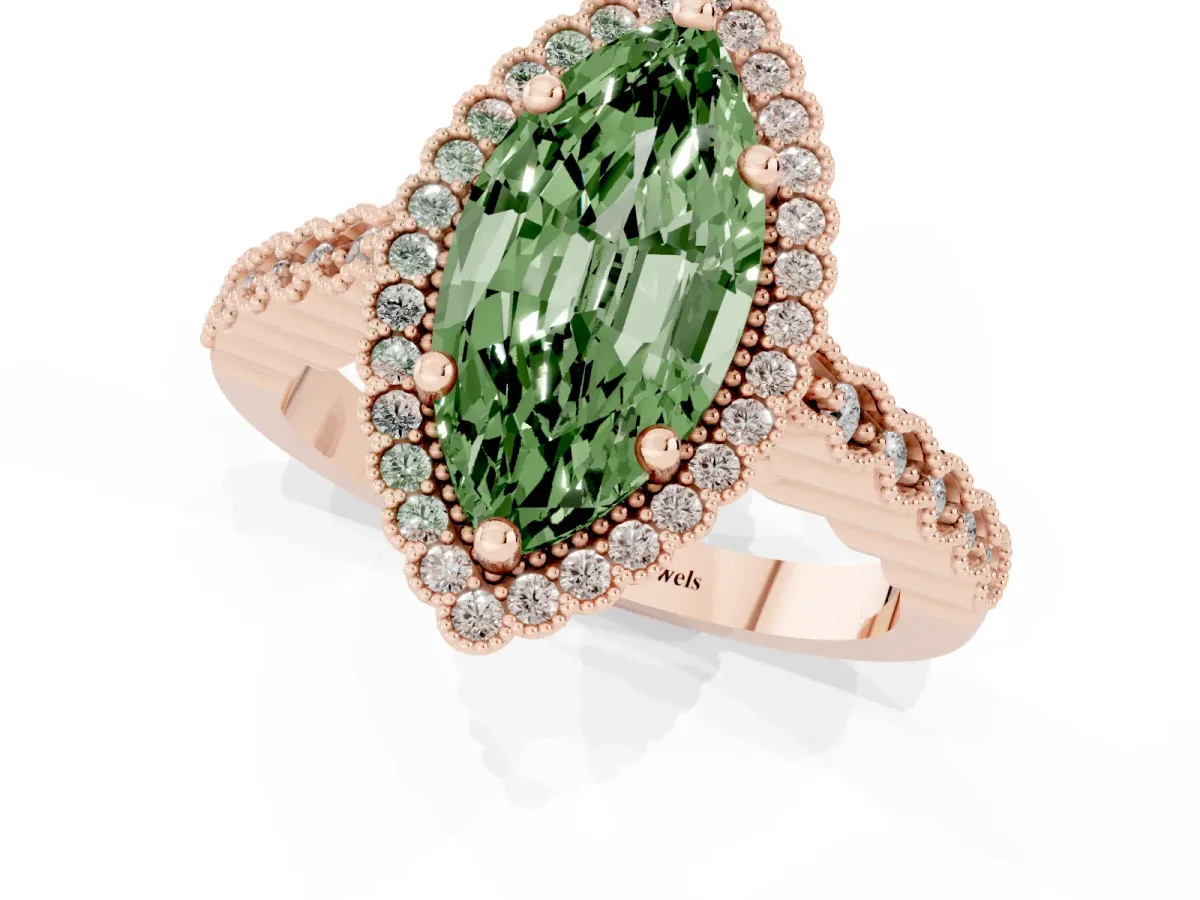 Fancy Green Marquise Cut Cut Halo Pavé Solitaire Ring with Milgrain Band Rose gold