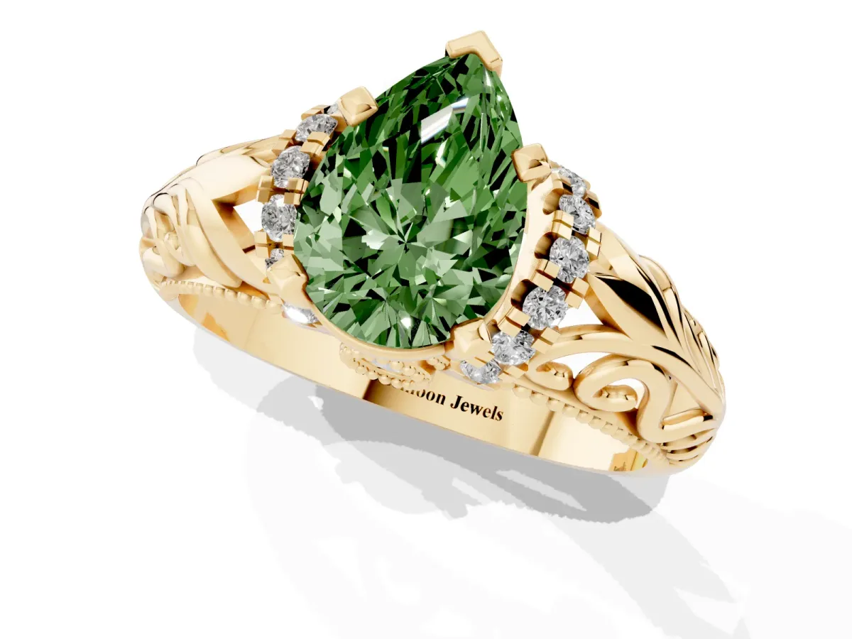 Fancy Green Pear Cut Solitaire Filigree Engagement Ring with Halo and Prong Setting Yellow gold