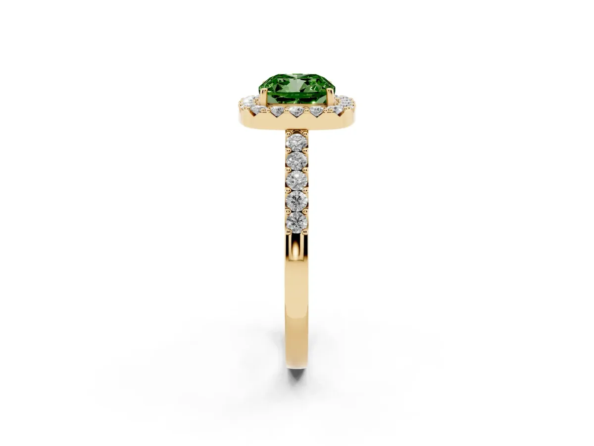 Fancy Green Cushion Cut Halo Diamond Pavé Solitaire Ring Yellow gold