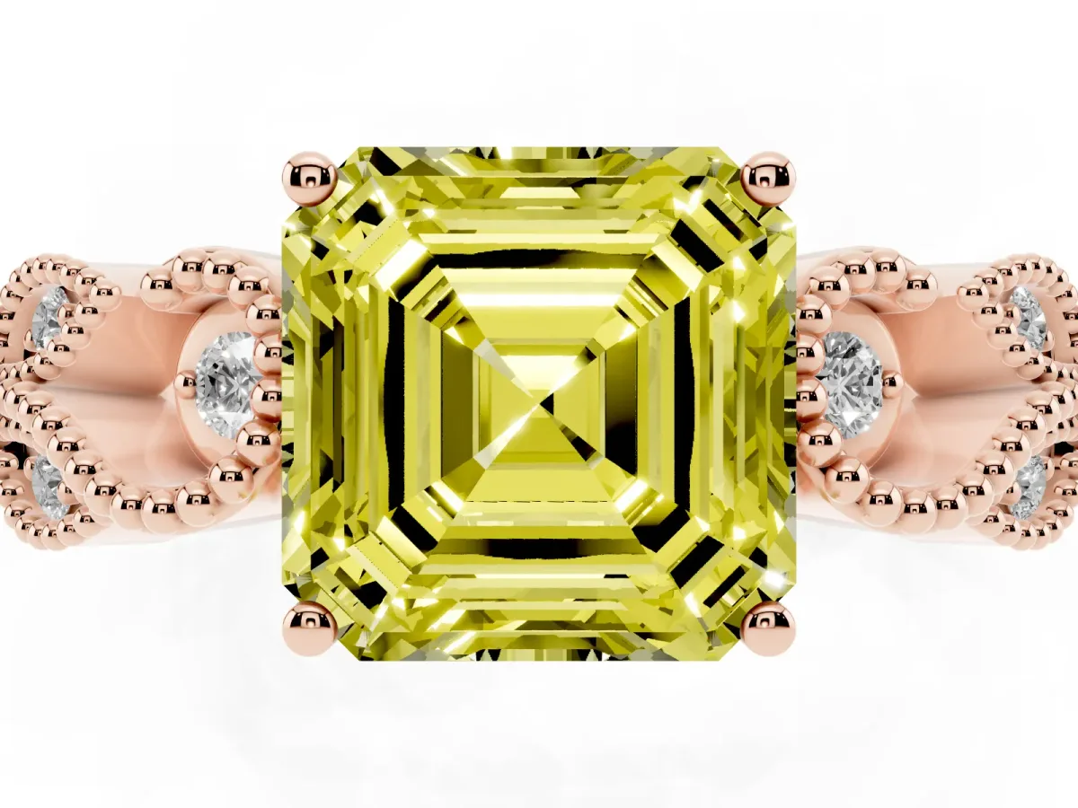 Fancy Yellow Asscher Cut Solitaire Milgrain Leaf Band with Prong Setting Rose gold