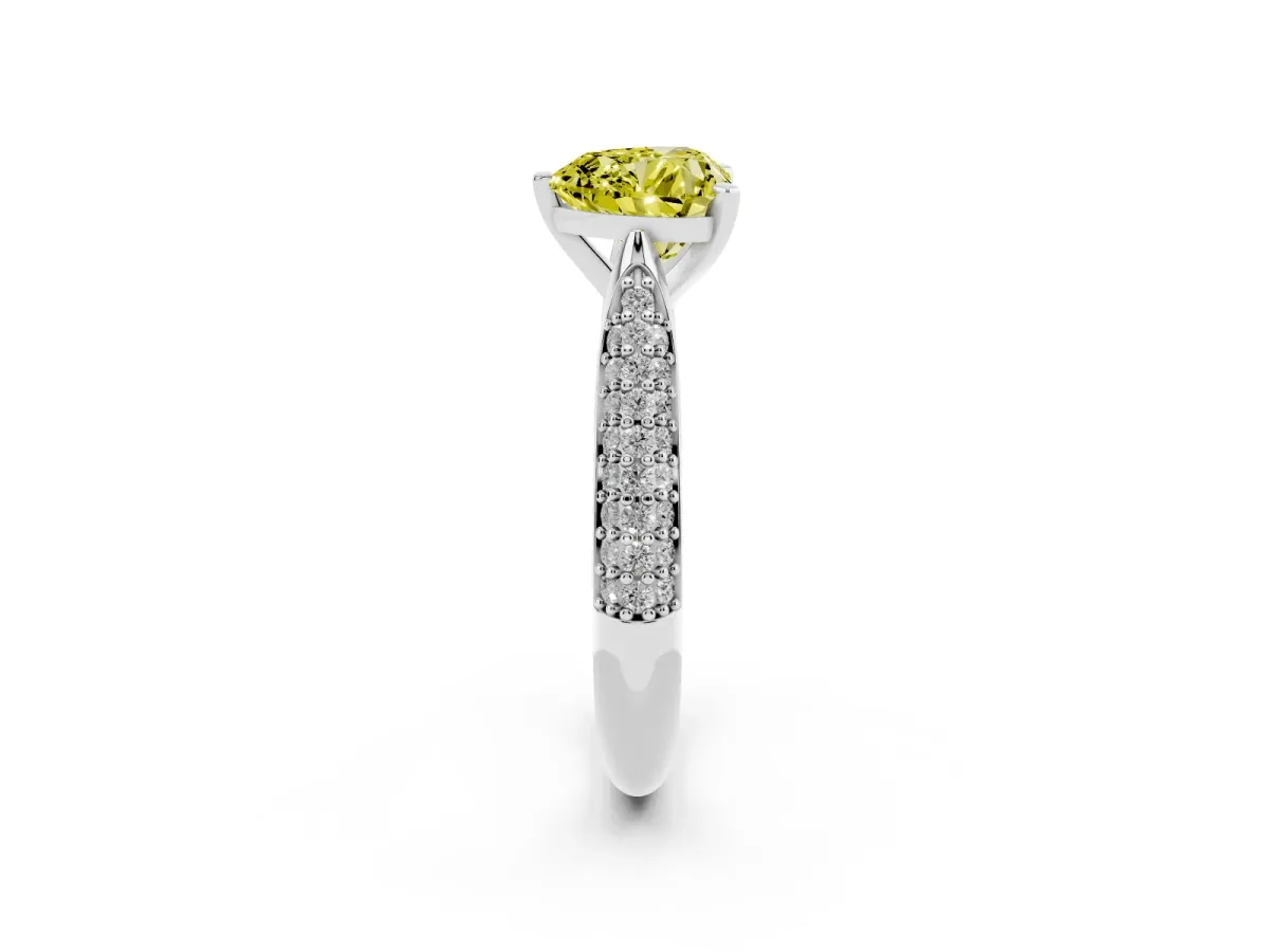 Fancy Yellow Heart Cut Diamond Solitaire Engagement Ring with Multi-Row Round Pavé Band and Prong Setting White gold