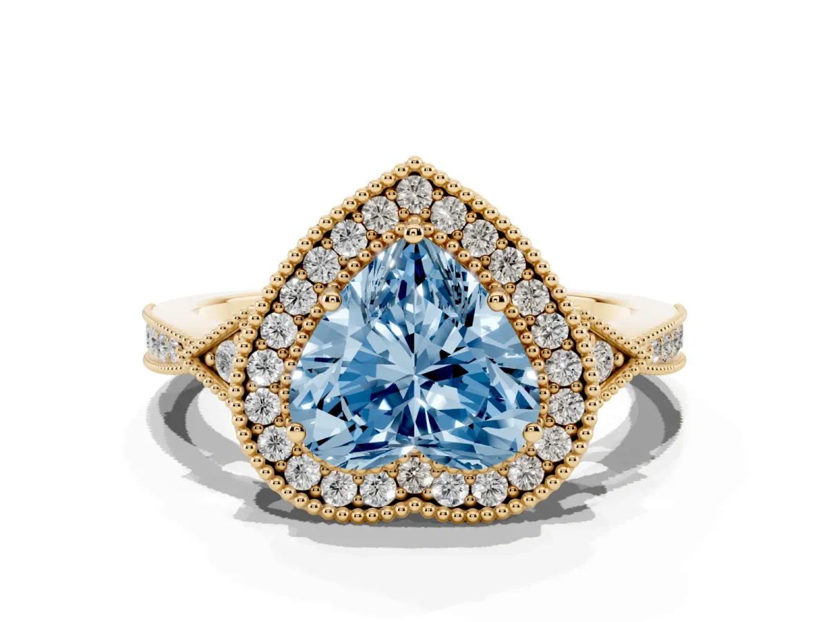 Fancy Blue Heart Cut Halo Round Diamond Milgrain Pave Engagement Ring Yellow gold