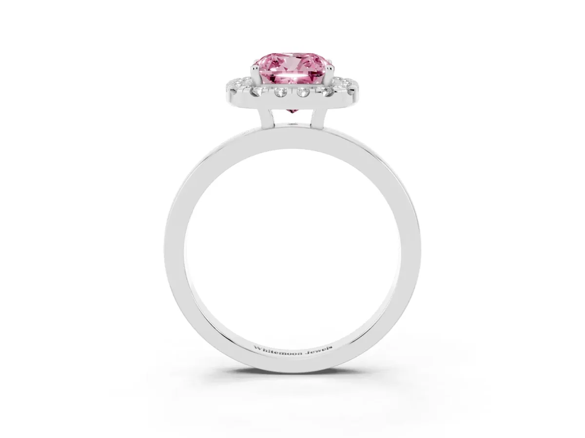 Fancy Pink Cushion Cut Halo Diamond Solitaire with Pavé Band and Four-Prong Setting White gold