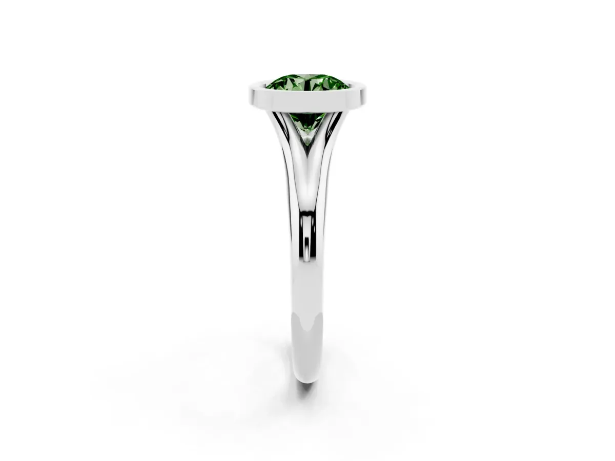 Fancy Green Bezel Set Round Cut Solitaire Diamond Ring with Smooth Band Silver