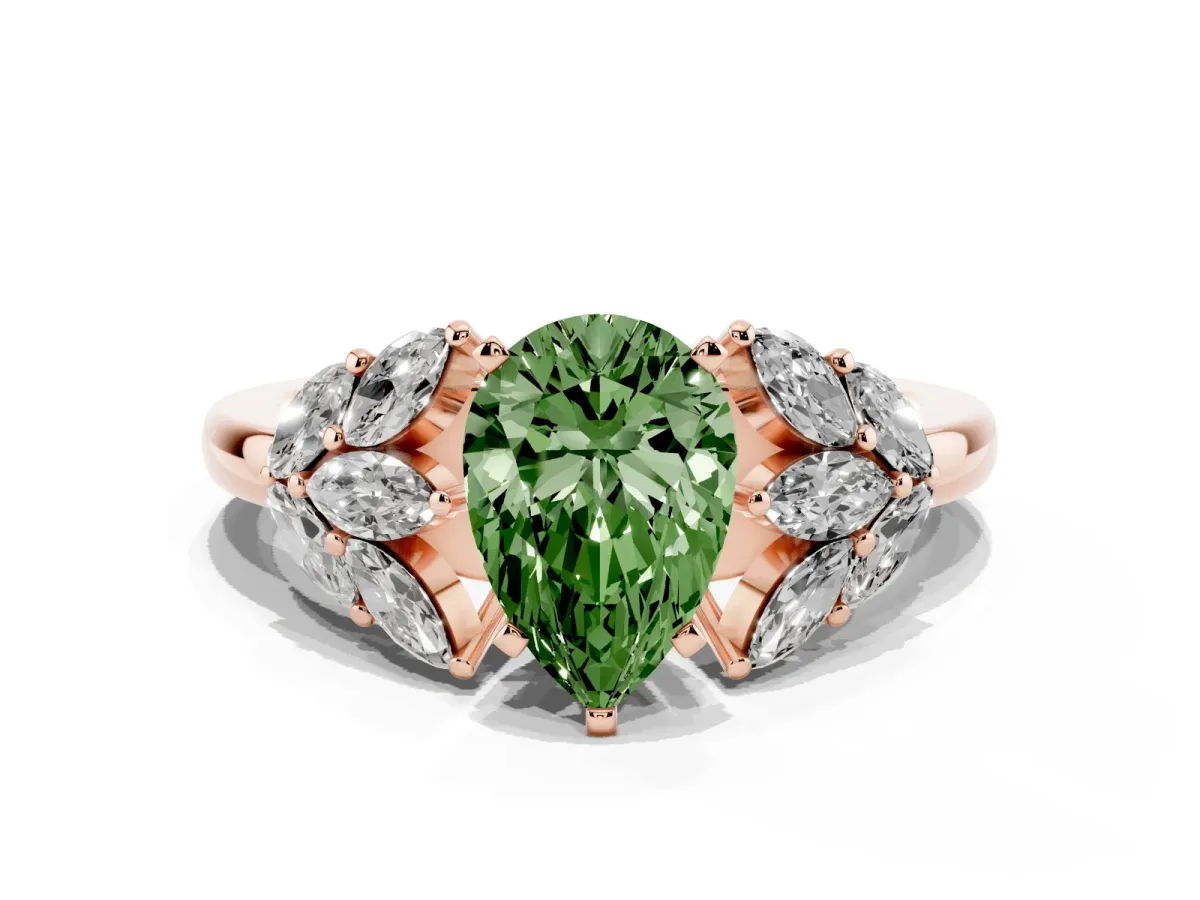 Fancy Green Pear Cut Diamond Cluster Leaf Design Ring with Prong Setting Rose gold