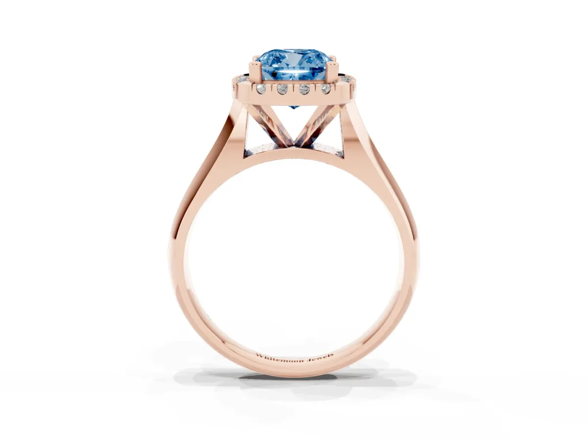 Fancy Blue Cushion Cut Cut Halo Solitaire Engagement Ring with Square Band and Four-Prong Setting Rose gold