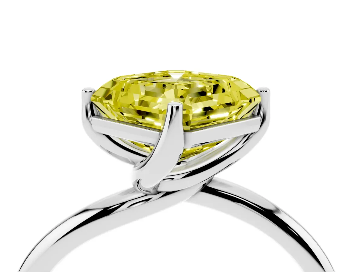 Fancy Yellow Asscher Cut Diamond Solitaire Engagement Ring with Four-Prong Setting and Classic Band Platinum