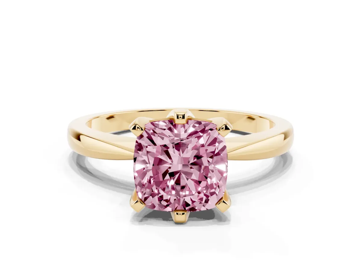 Fancy Pink Cushion Cut Solitaire Engagement Ring with Six-Prong Setting and Tapered Band Yellow gold