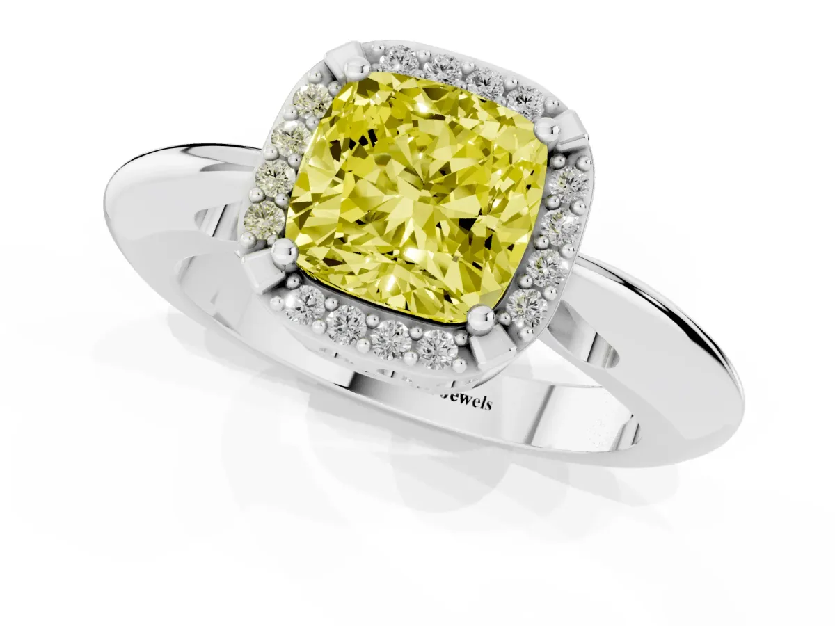 Fancy Yellow Cushion Cut Cut Diamond Halo Engagement Ring with Split Shank and Four-Prong Setting Platinum