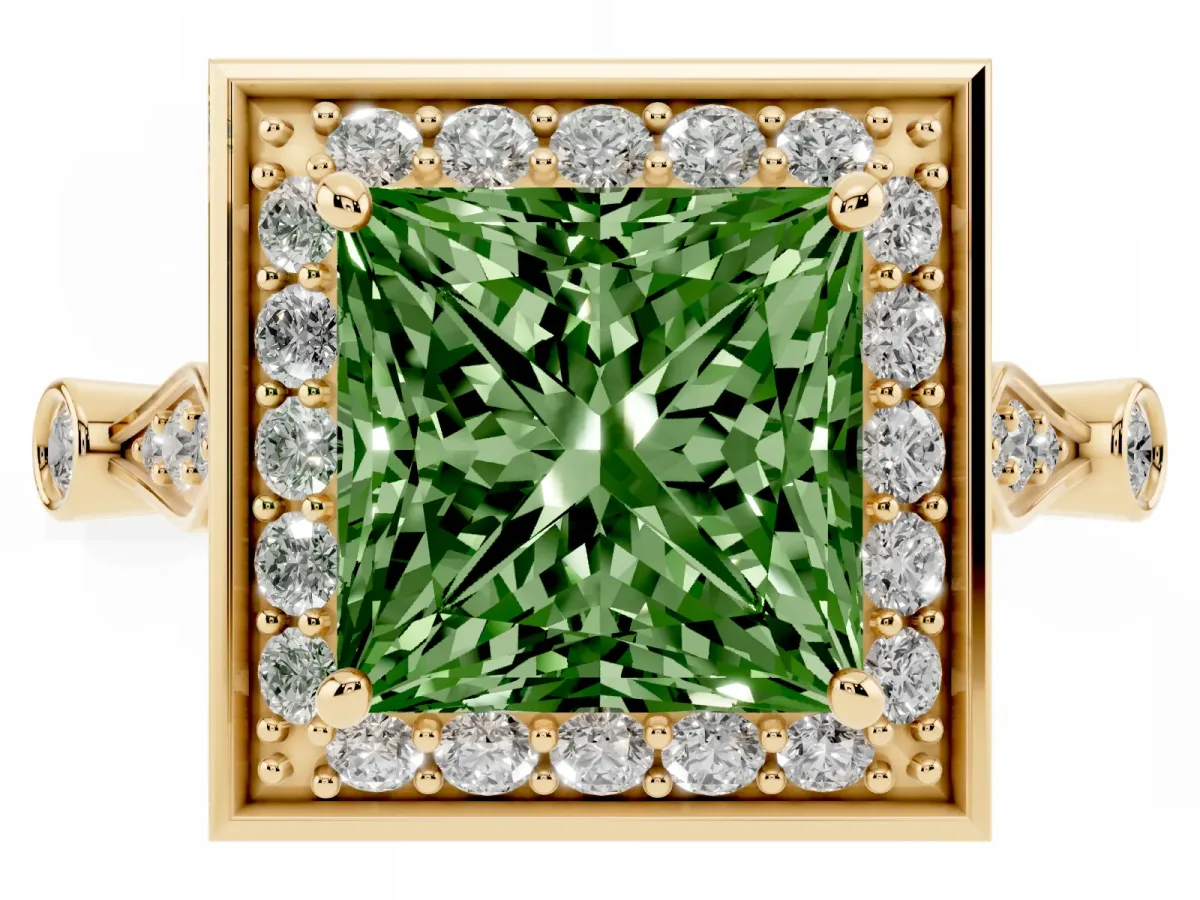 Fancy Green Princess Cut Halo Diamond Engagement Ring with Twisted Band and Four-Prong Setting Yellow gold