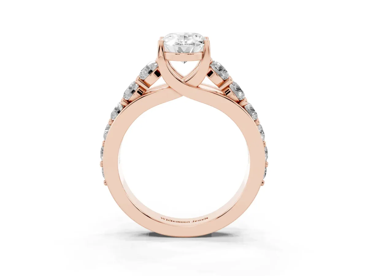 Oval Cut Diamond Engagement Ring with Pavé Band and Four-Prong Setting Rose gold
