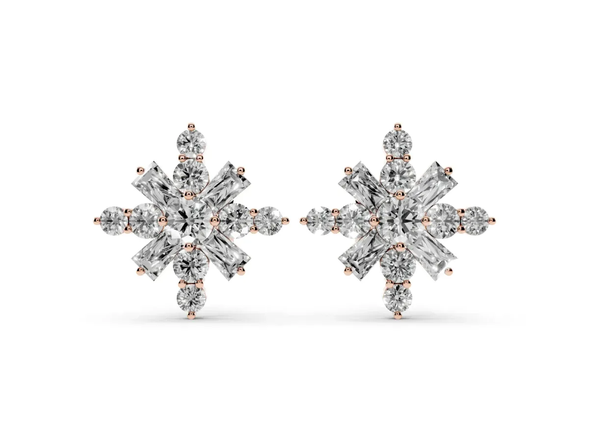 Round Cut Diamond Snowflake Cluster Stud Earrings Rose gold