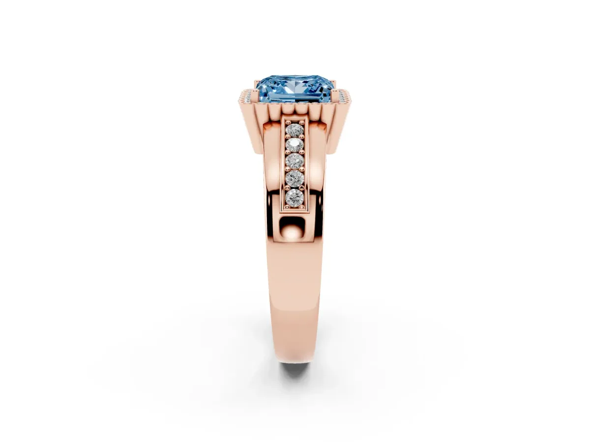 Fancy Blue Princess Cut Cut Halo Pave Band Four-Prong Ring Rose gold