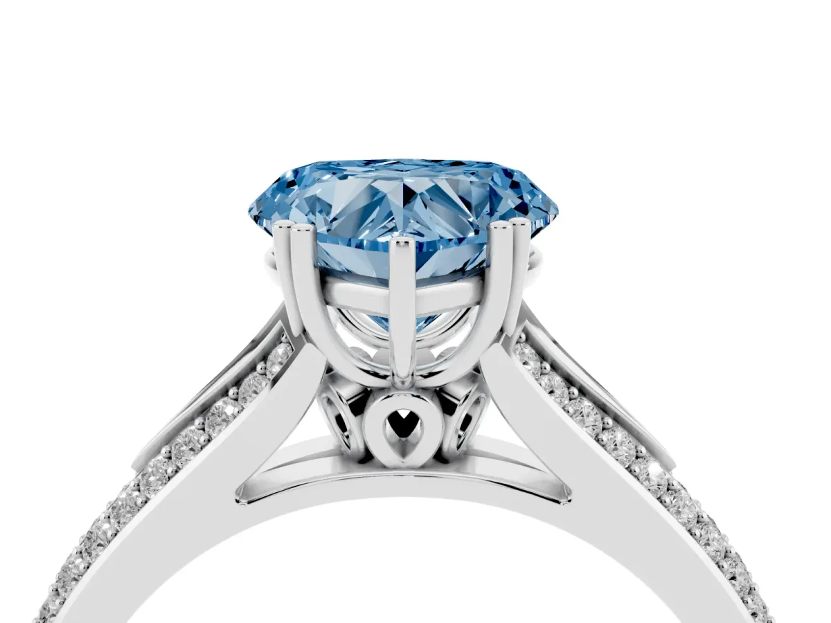 Fancy Blue Heart Cut Diamond Split Shank Engagement Ring with Pavé Band Silver