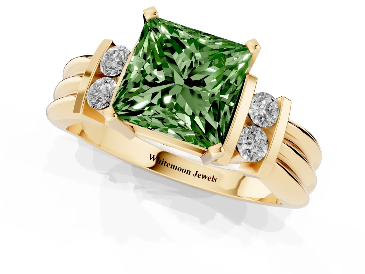 Fancy Green Princess Cut Cut Three-Stone Channel Set Ring with Bar Prongs Yellow gold