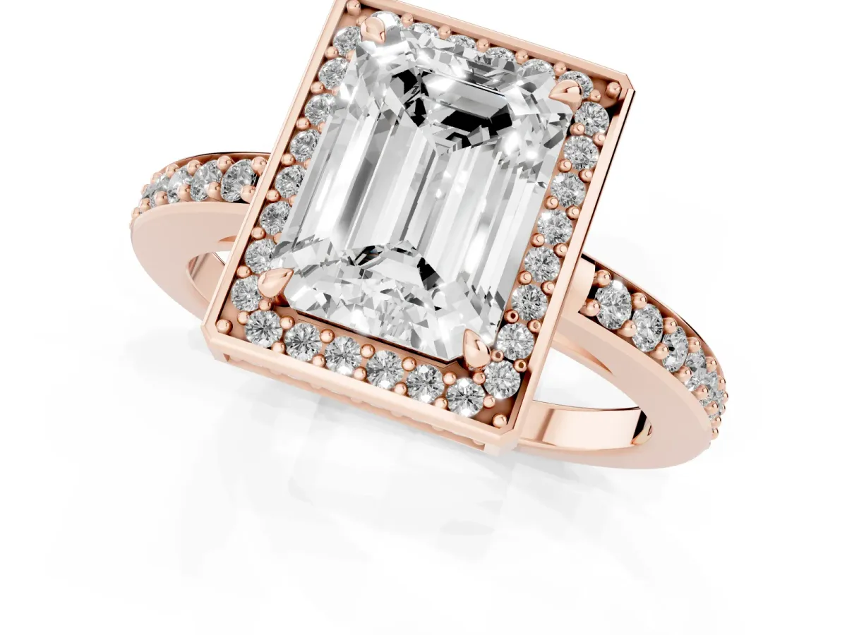 Emerald Cut Halo Pave Band Solitaire Ring with Prong Setting Rose gold