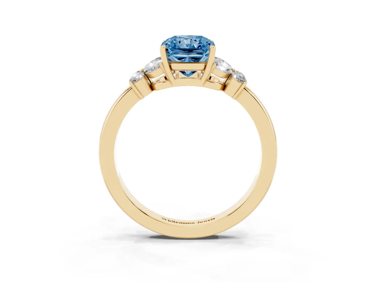 Fancy Blue Radiant Cut Cut Solitaire Floral Diamond Ring with Four-Prong Setting Yellow gold
