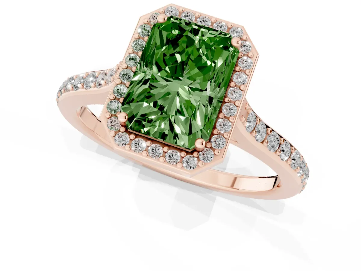 Fancy Green Radiant Cut Diamond Halo Engagement Ring with Round Pavé Shoulders and Prong Setting Rose gold