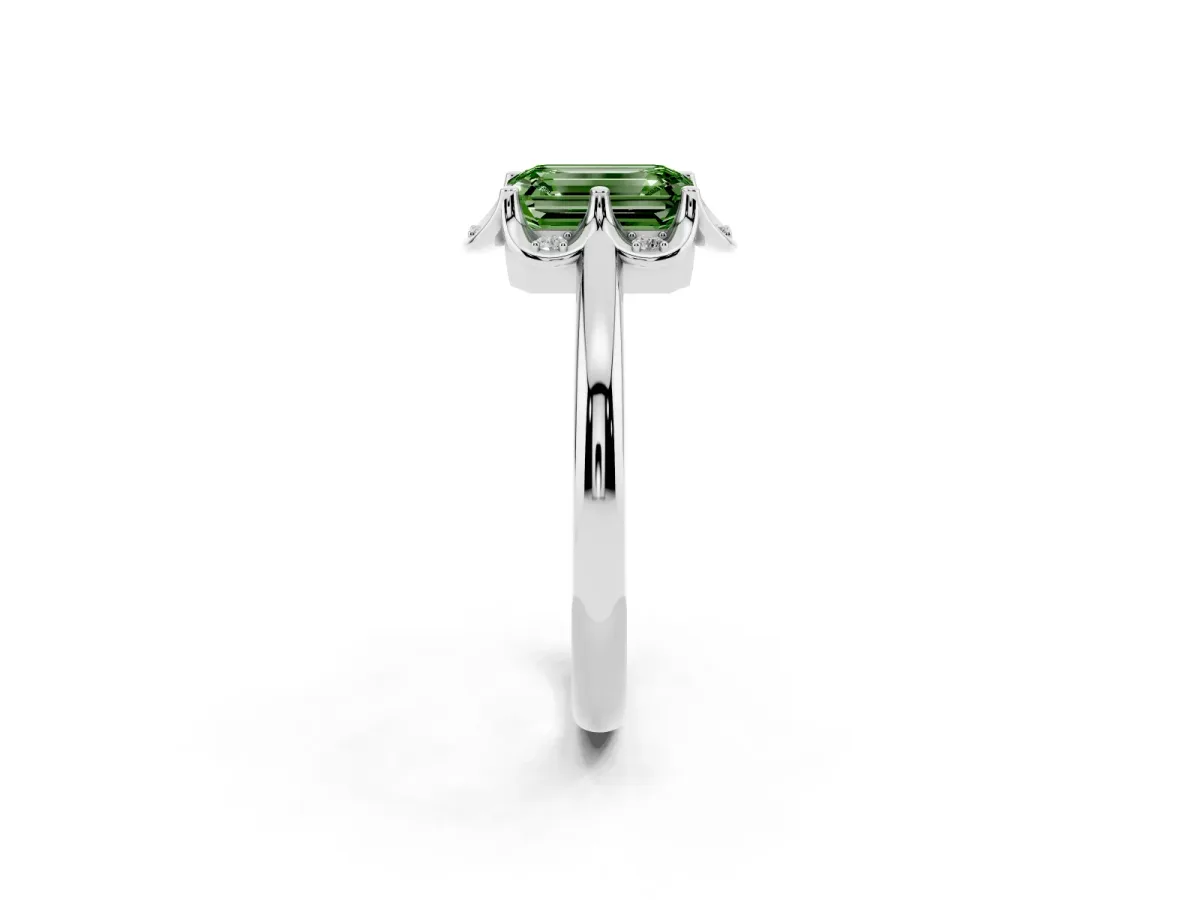 Fancy Green Emerald Cut Halo Diamond Ring with Round Cluster Setting, Solitaire Band, and Four-Prong Setting Silver
