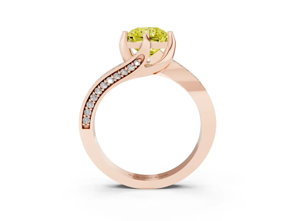 Fancy Yellow Radiant Cut Solitaire Diamond Twist Band with Pavé Setting and Four-Prong Setting Rose gold