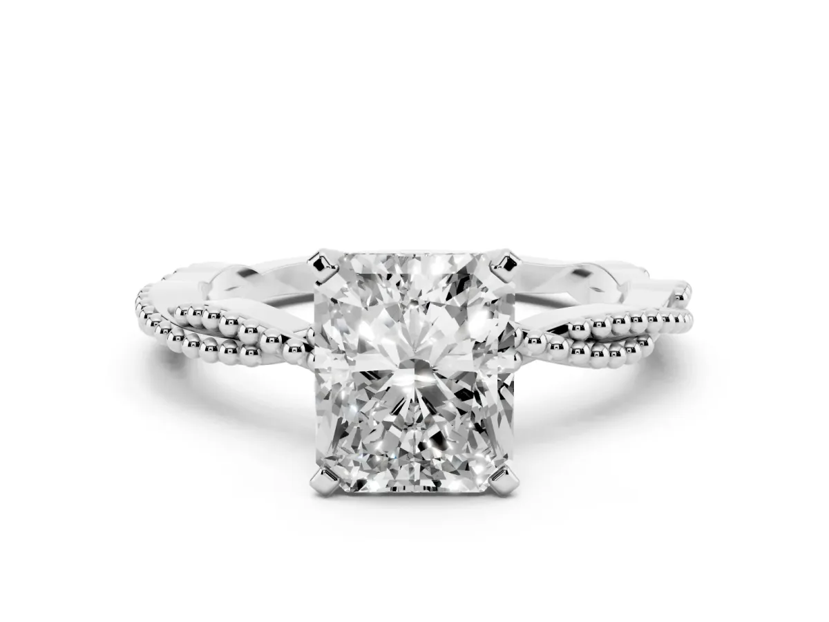 Radiant Cut Solitaire Twisted Band with Bead Prong Setting Platinum