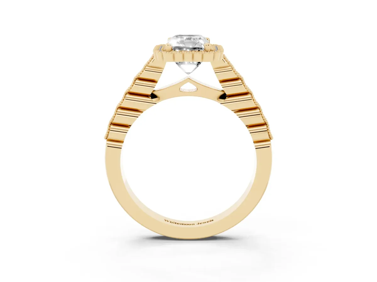 Radiant Cut Cut Halo Pavé Solitaire Ring with Milgrain Band Yellow gold