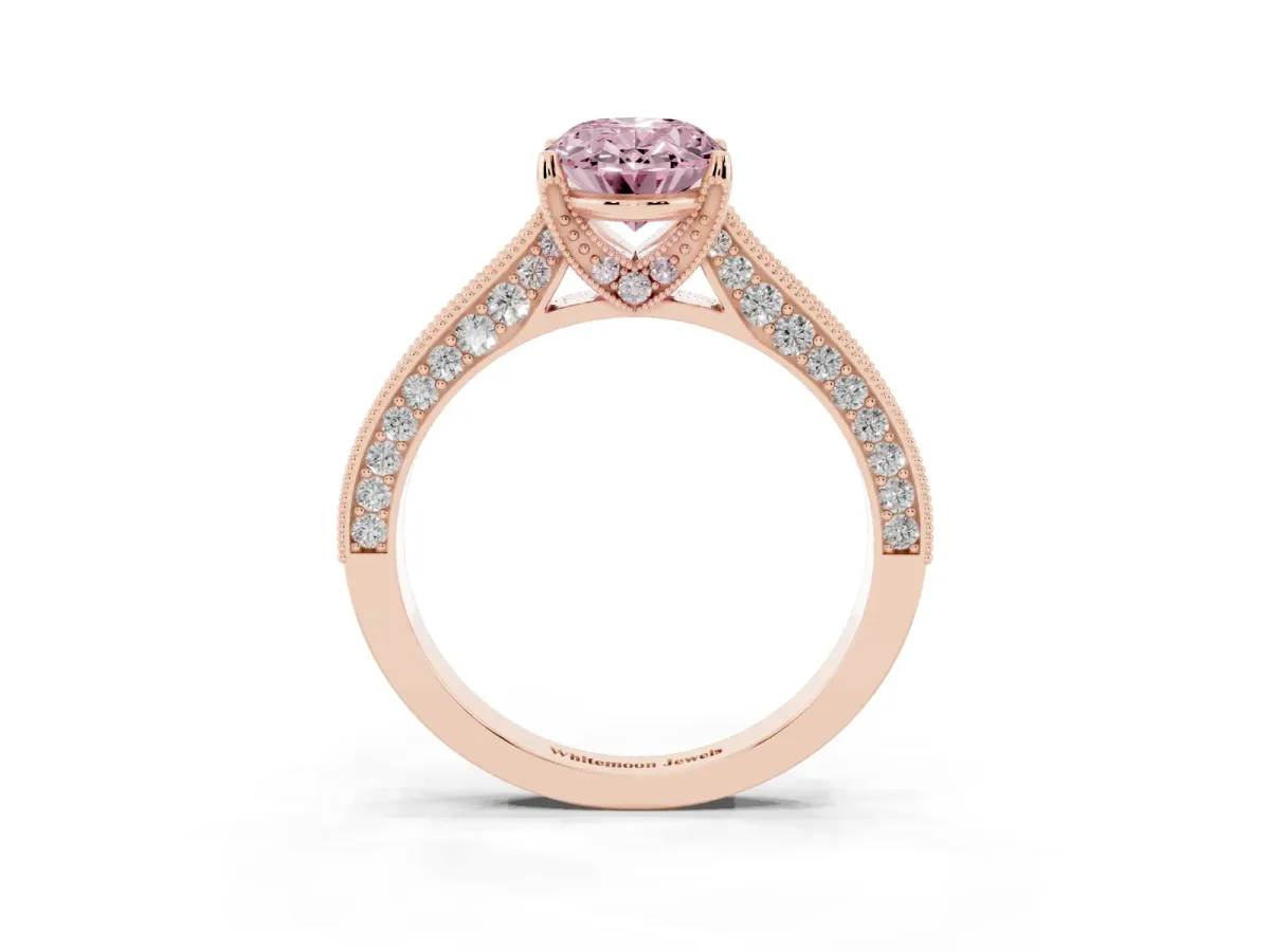 Fancy Pink Oval Cut Cut Diamond Solitaire Ring with Milgrain Pave Band and Four Prong Setting Rose gold