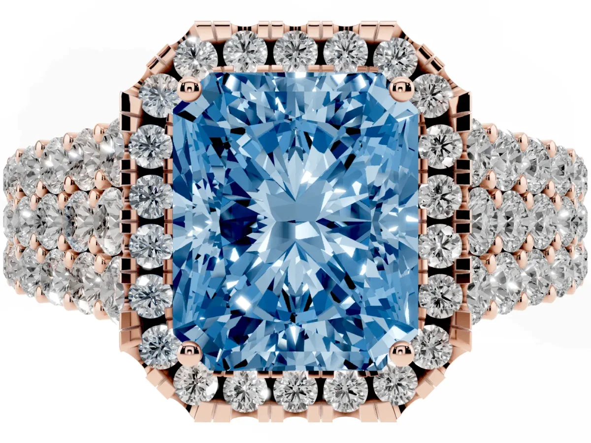 Fancy Blue Radiant Cut Diamond Halo Engagement Ring with Triple Row Round Pavé Band and Prong Setting Rose gold