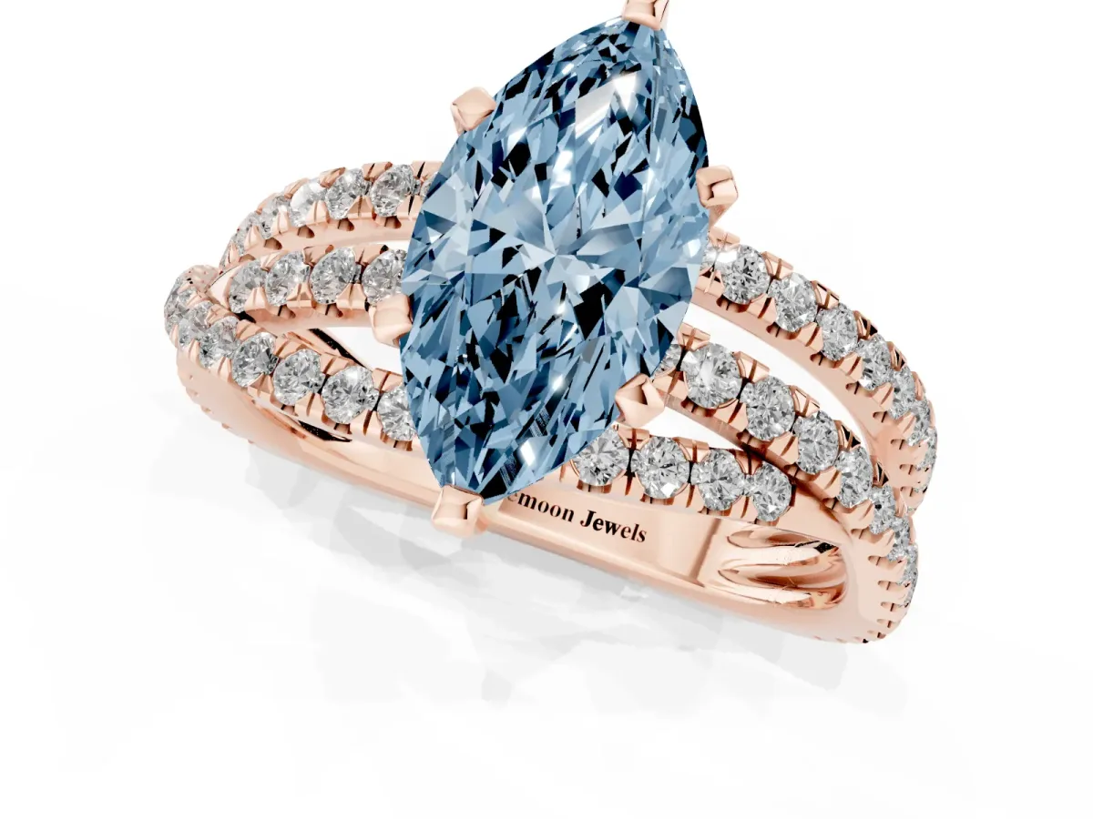 Fancy Blue Marquise Cut Solitaire Twist Band with Pavé Setting and Four-Prong Setting Rose gold