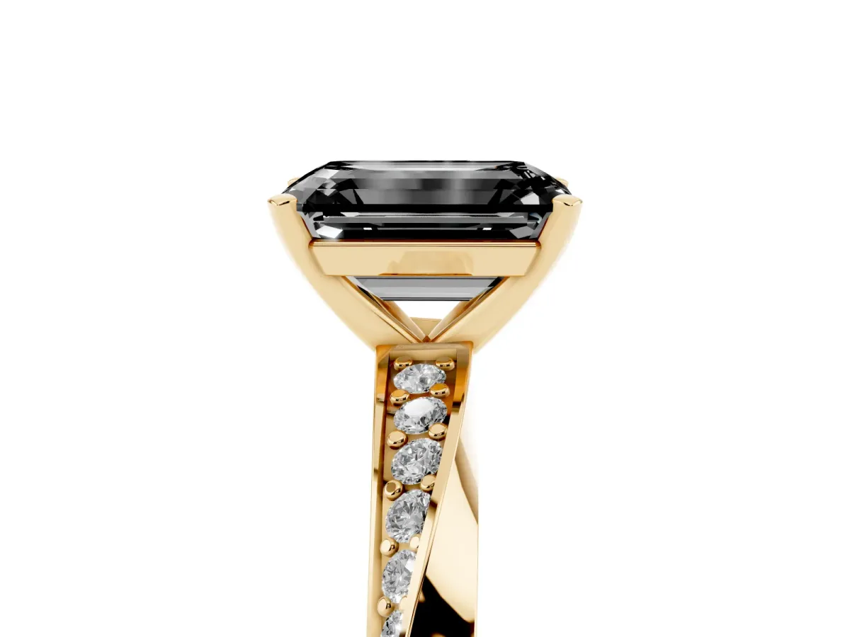 Fancy Black Emerald Cut Diamond Engagement Ring with Side Stone Accents and Four-Prong Setting Yellow gold