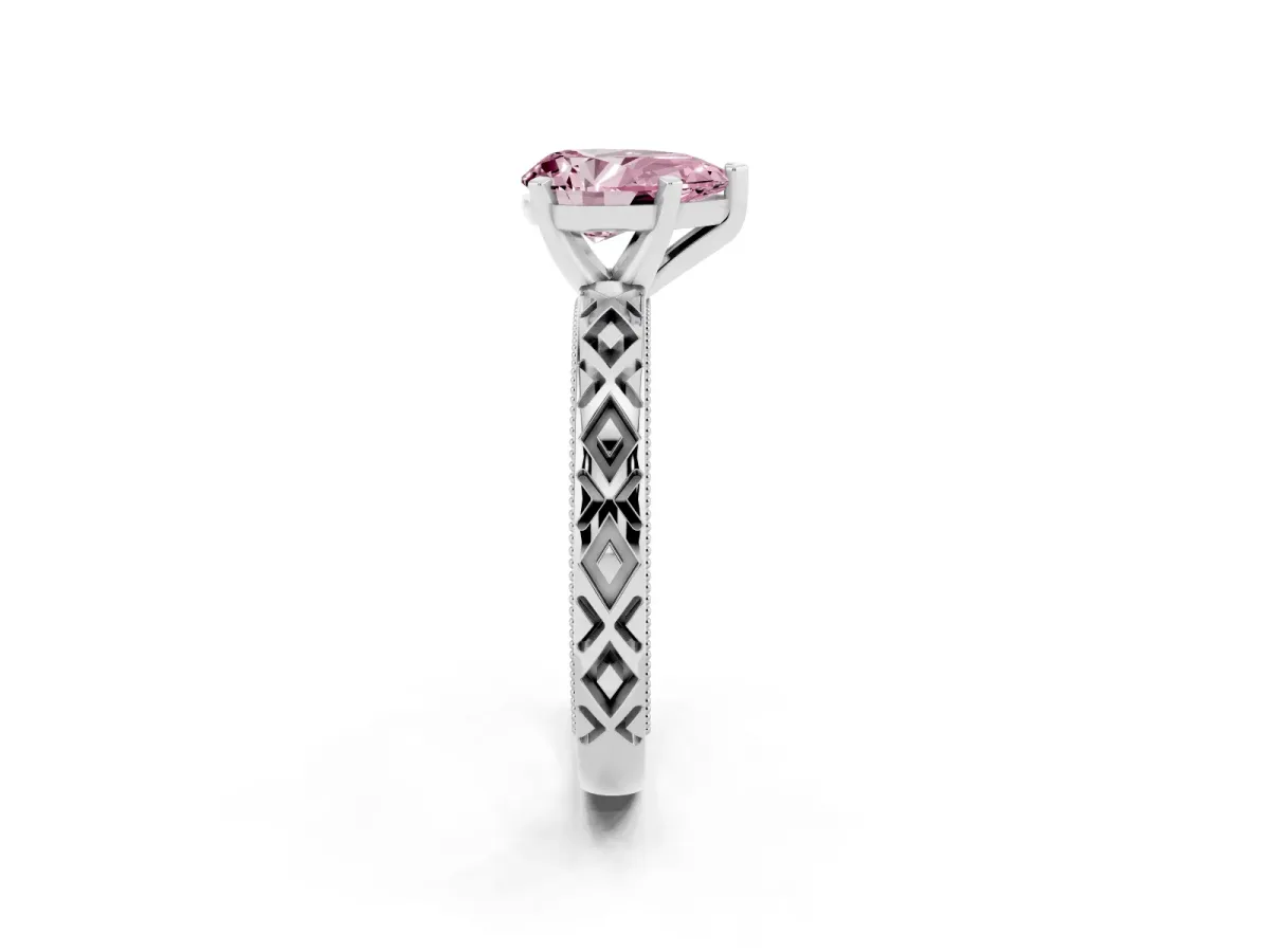 Fancy Pink Pear Cut Solitaire Diamond Ring with Milgrain and Black Enamel X Pattern Band Silver