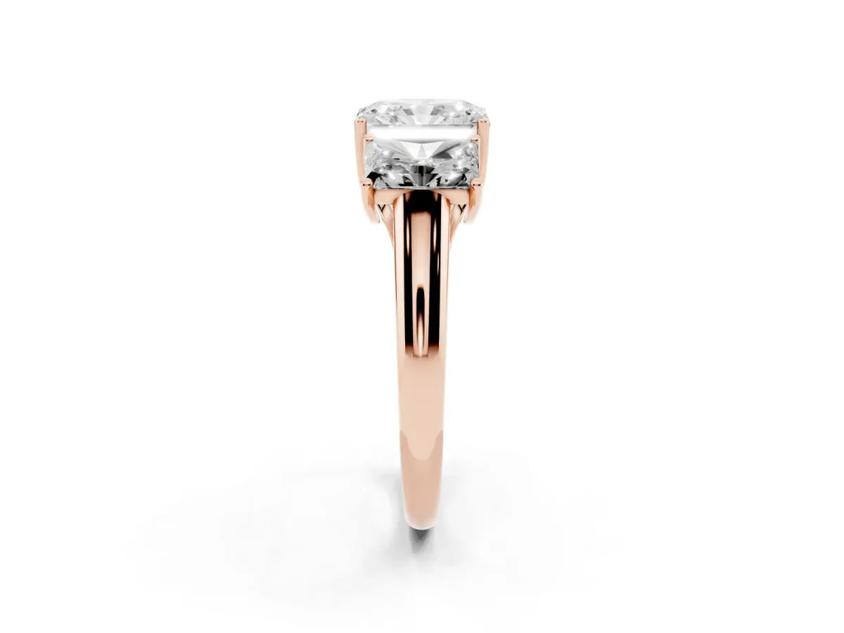 Three-Stone Radiant Cut Diamond Engagement Ring with Prong Setting Rose gold