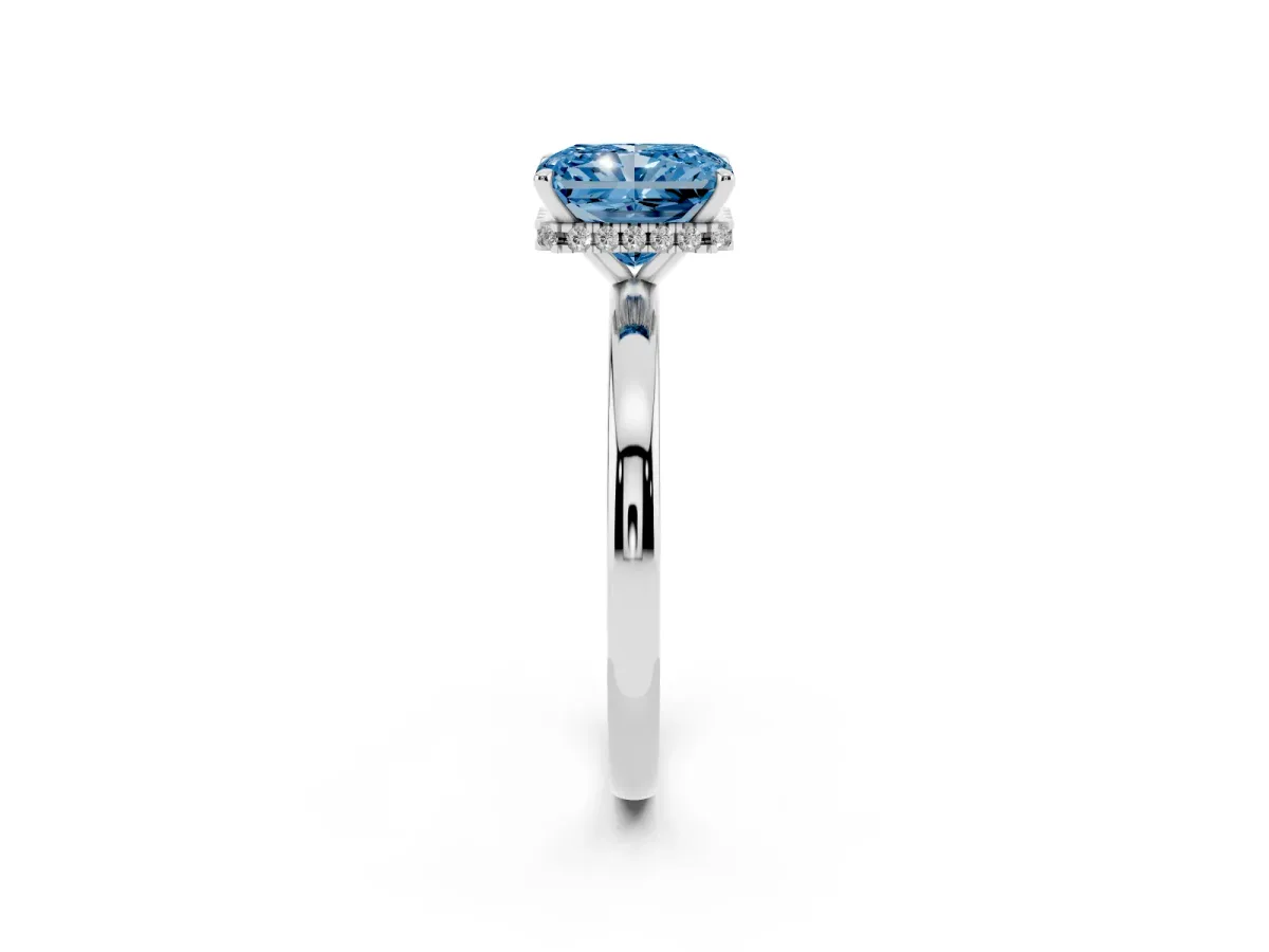 Fancy Blue Radiant Cut Solitaire Engagement Ring with Cathedral Band and Four-Prong Setting Silver