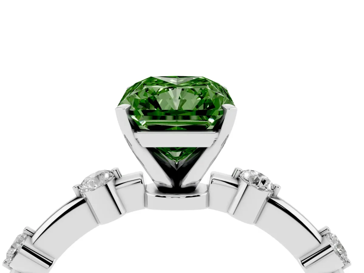 Fancy Green Radiant Cut Solitaire Diamond Ring with Bezel Set Side Stones and Prong Setting Silver