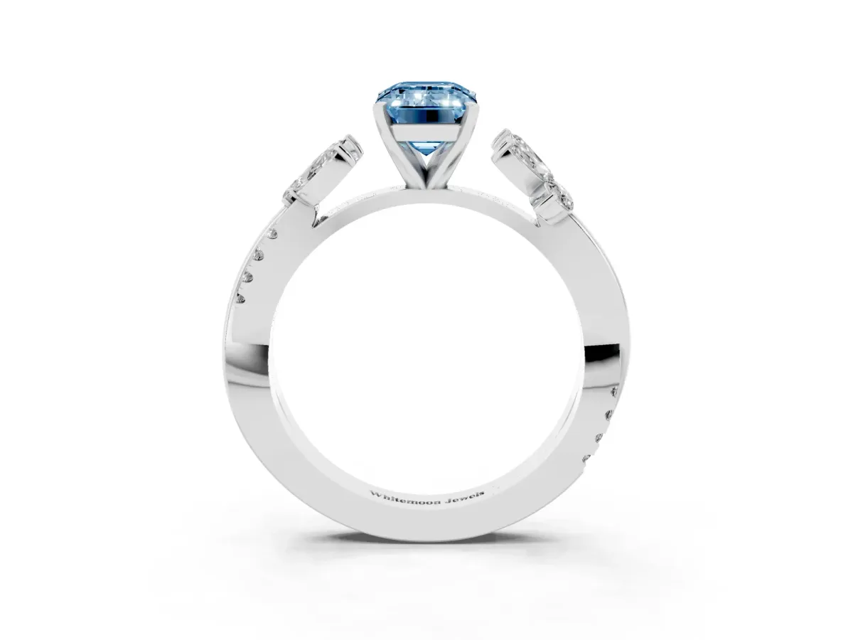 Fancy Blue Emerald Cut Diamond Floral Vine Solitaire Engagement Ring Platinum