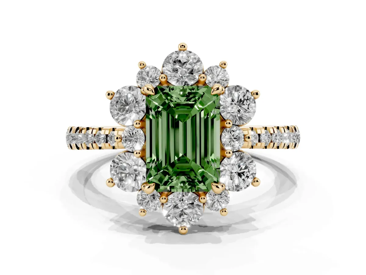 Fancy Green Emerald Cut Diamond Floral Halo Ring with Round Pavé Band and Prong Setting Yellow gold