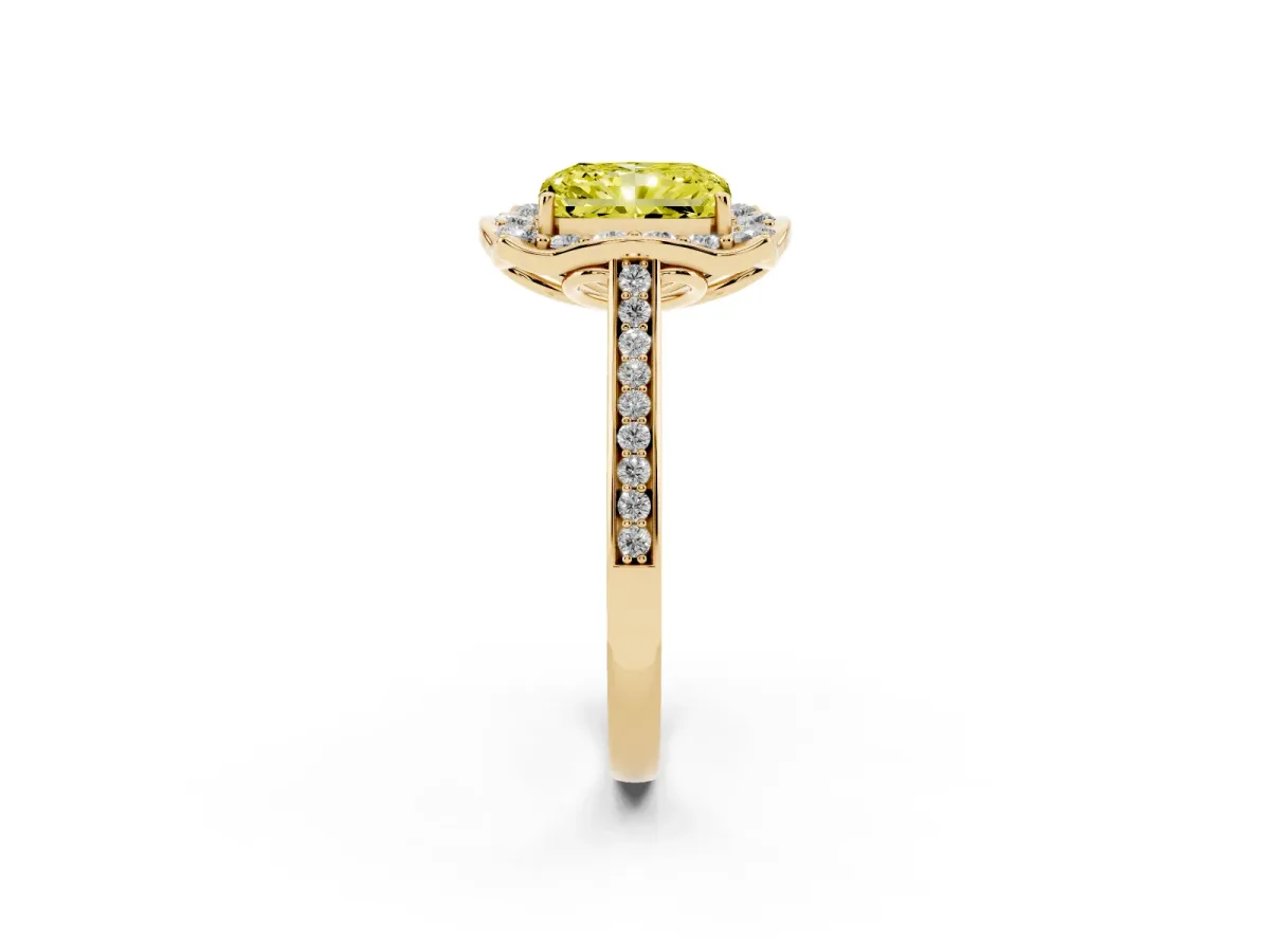 Fancy Yellow Radiant Cut Halo Round Diamond Pave Band with Four-Prong Setting Yellow gold