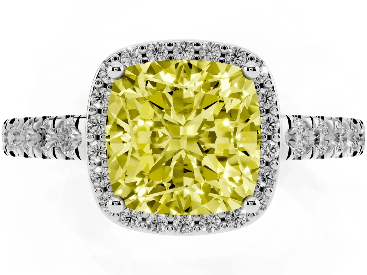 Fancy Yellow Cushion Cut Cut Halo Diamond Engagement Ring with Pave Band and Four-Prong Setting Silver