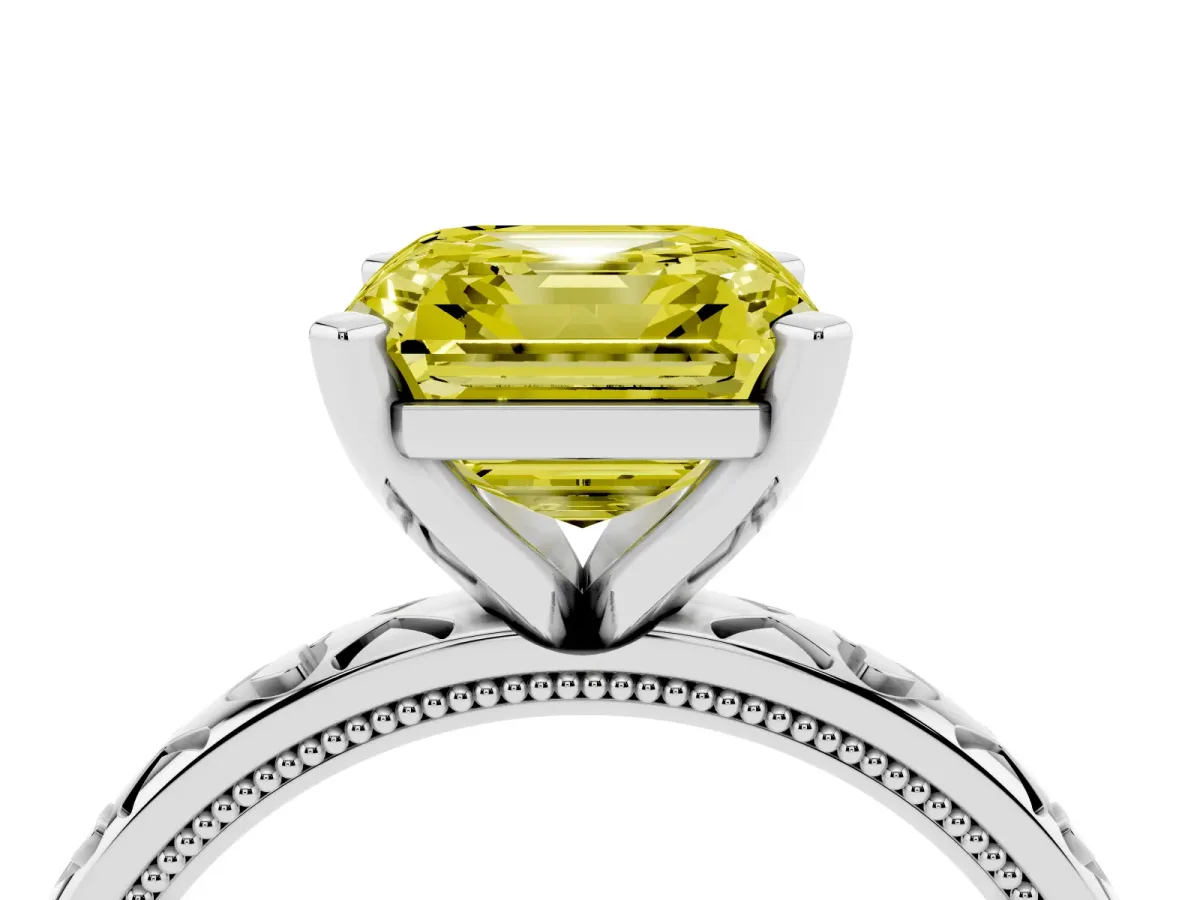Fancy Yellow Asscher Cut Solitaire Diamond Engagement Ring with XO Engraved Band and Four-Prong Setting Platinum