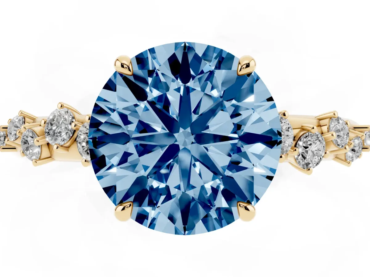 Fancy Blue Round Cut Diamond Cluster Prong-Set Solitaire Ring Yellow gold