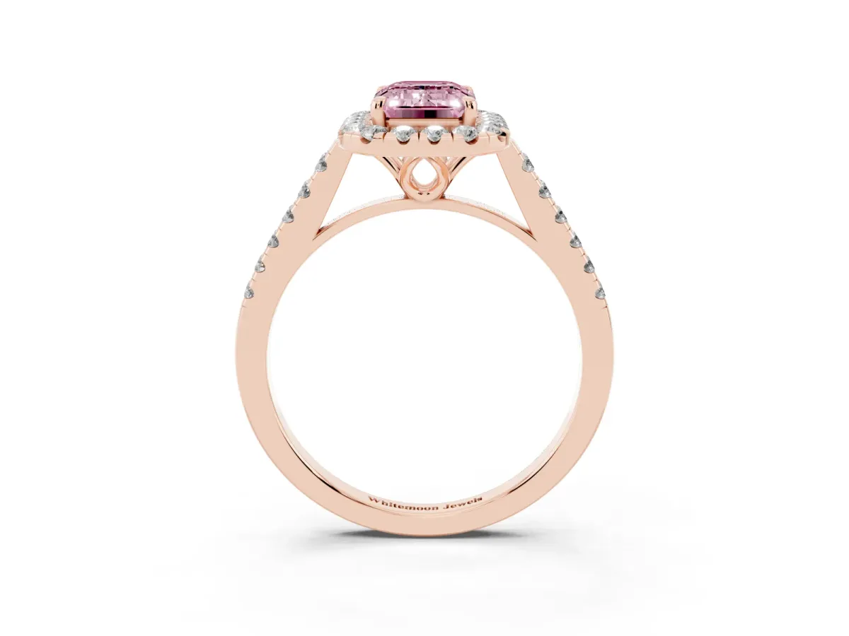 Fancy Pink Emerald Cut Halo Pavé Diamond Engagement Ring with Four-Prong Setting Rose gold