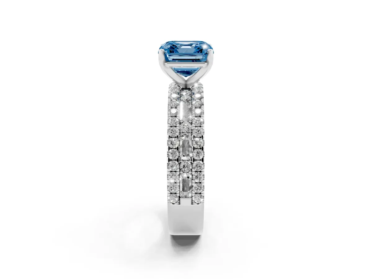 Fancy Blue Asscher Cut Diamond Solitaire Ring with Pavé and Channel Set Band Silver